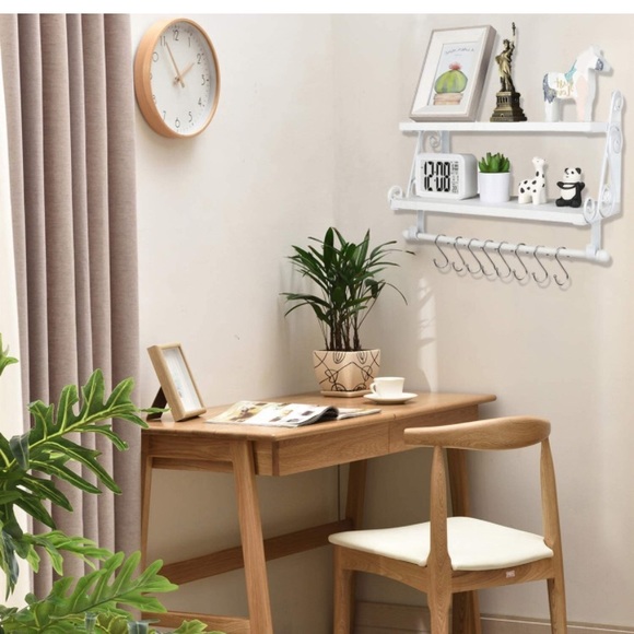 2-Tier Rustic Farmhouse Wood Wall Shelf with 8 Hooks - Picture 14 of 14